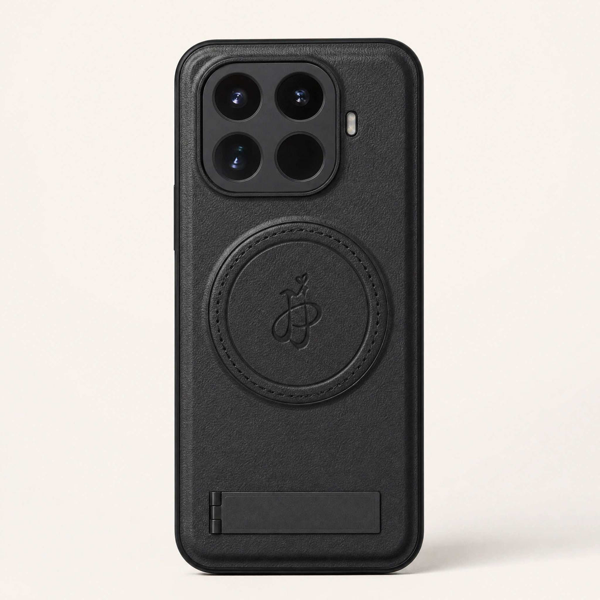 Xiaomi Leather Look Phone Case in black textured leather-look material with a stitched circular magnetic ring and lower hinge detail