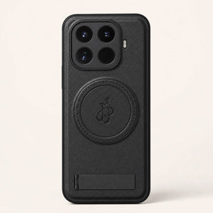 Xiaomi Leather Look Phone Case in black textured leather-look material with a stitched circular magnetic ring and lower hinge detail