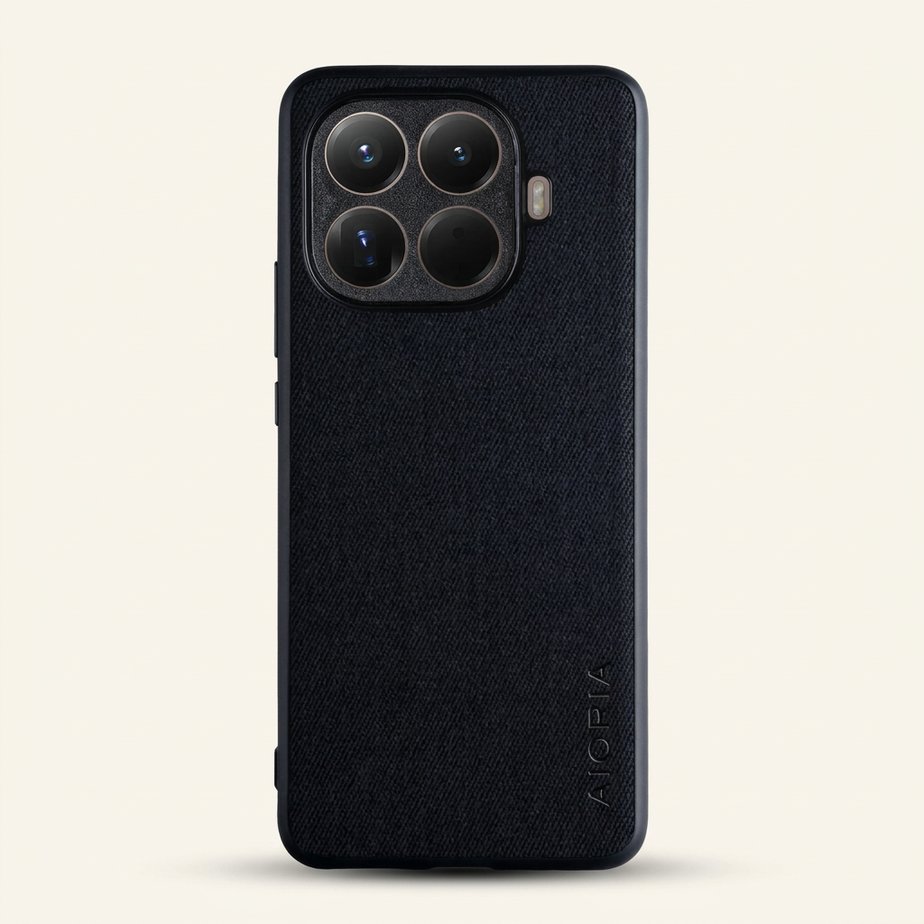 Xiaomi Leather Look Phone Case in black with a fine woven texture, raised camera surround and slim protective edges
