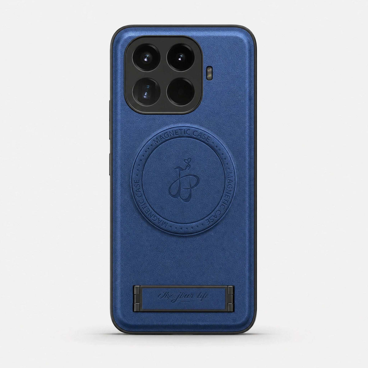 Xiaomi Leather Look Phone Case in textured blue with a circular magnetic ring and rectangular fold-out kickstand