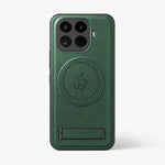 Xiaomi Leather Look Phone Case in dark green textured material, with a circular magnetic ring and fold-out stand