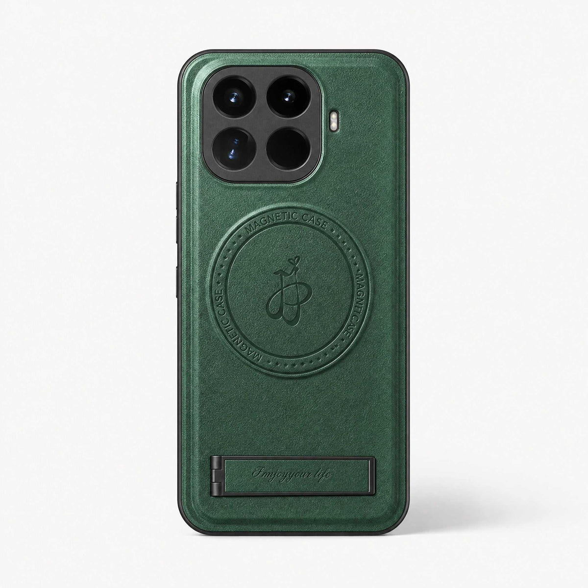 Xiaomi Leather Look Phone Case in dark green textured material, with a circular magnetic ring and fold-out stand
