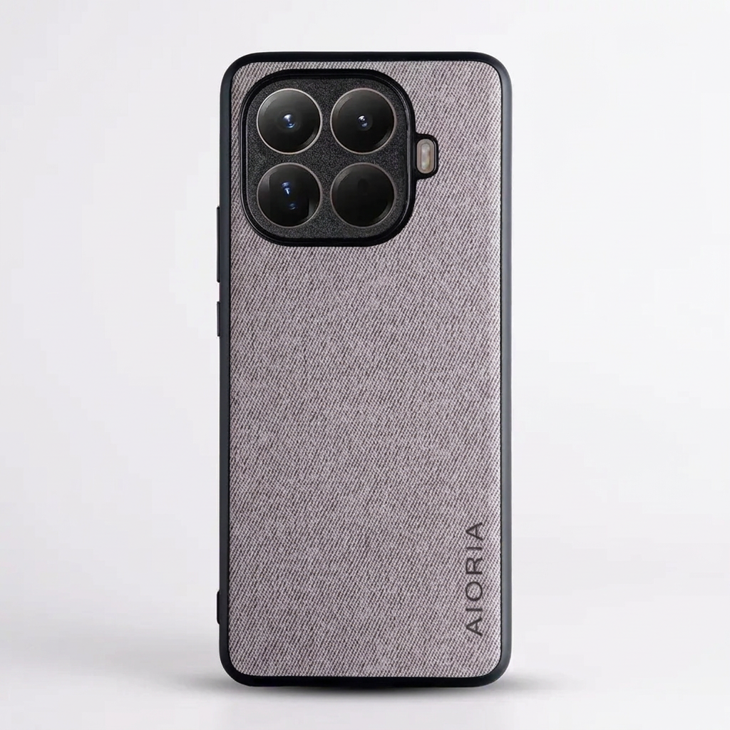 Xiaomi Leather Look Phone Case in light grey with a fine woven texture, black bumper edges and raised camera surround