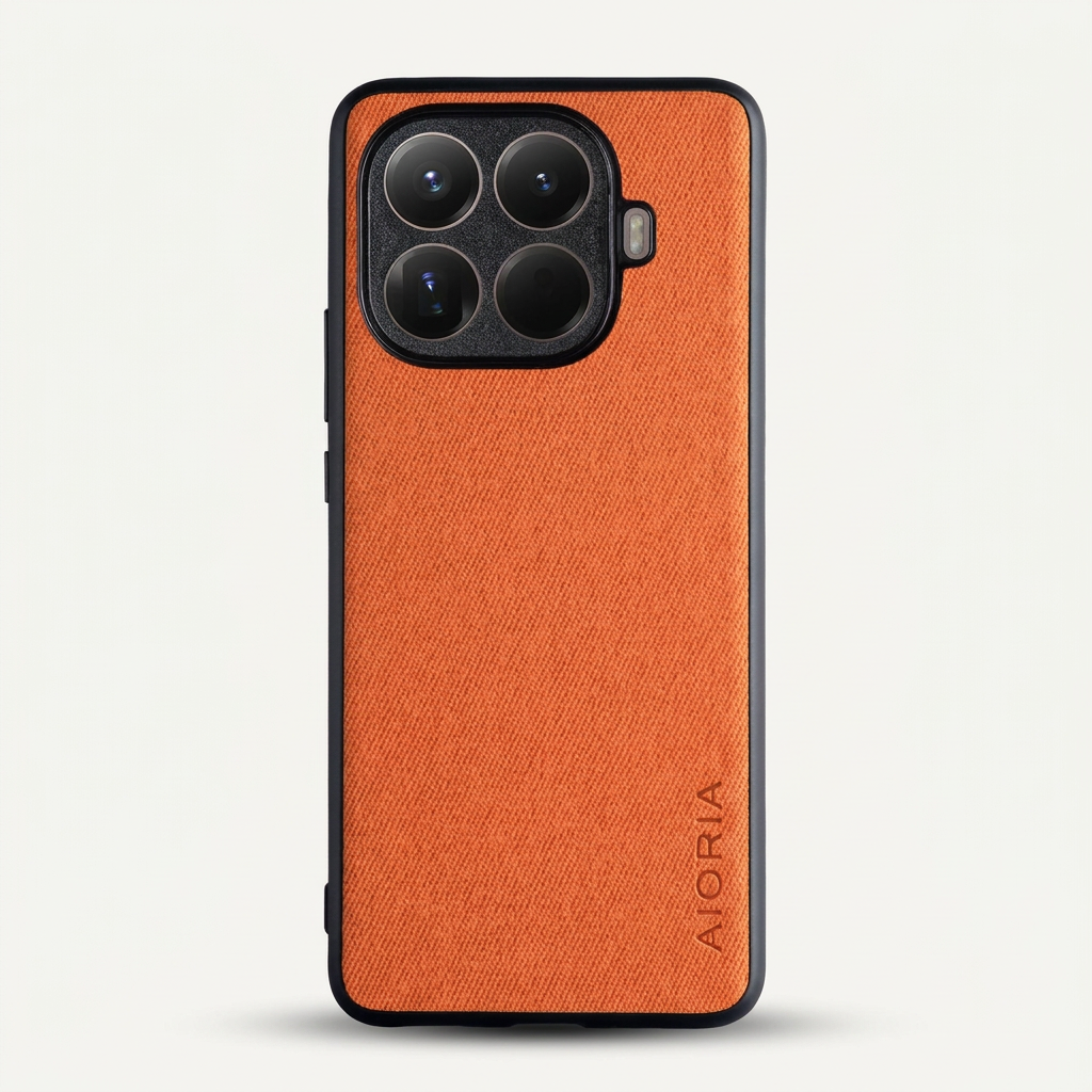 Xiaomi Leather Look Phone Case in orange woven texture, with a black bumper, raised camera surround and vertical branding