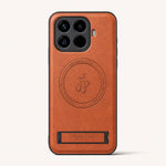 Xiaomi Leather Look Phone Case in rust-brown textured material, with a circular magnetic ring and fold-out stand