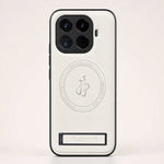 Xiaomi Leather Look Phone Case in white textured material, with black camera surround, magnetic center ring and fold-out stand