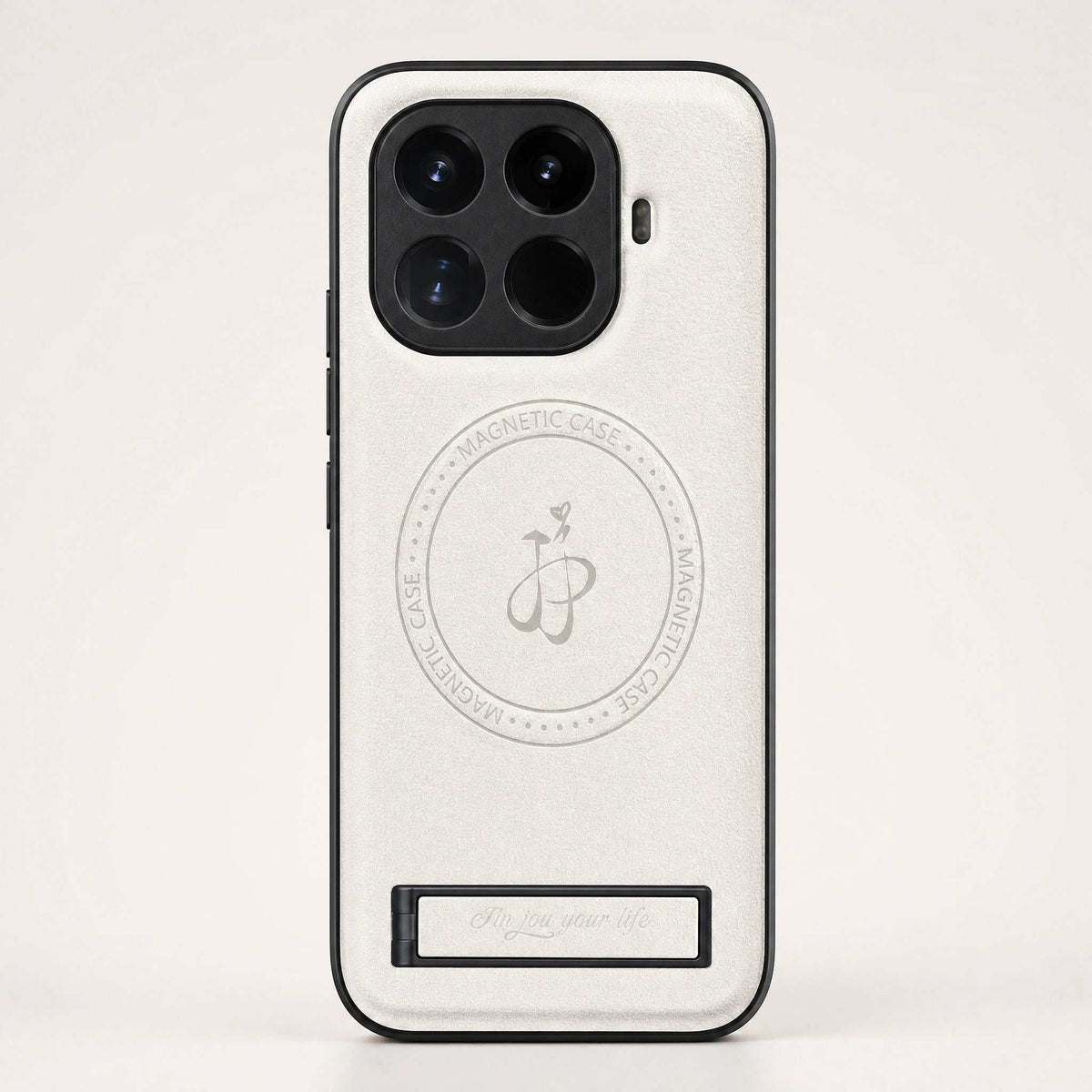 Xiaomi Leather Look Phone Case in white textured material, with black camera surround, magnetic center ring and fold-out stand