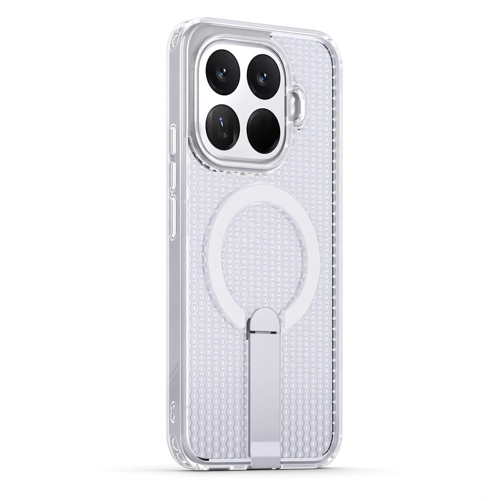 Xiaomi Magnetic Holder Phone Case in clear textured material, with a circular magnetic ring and folding kickstand