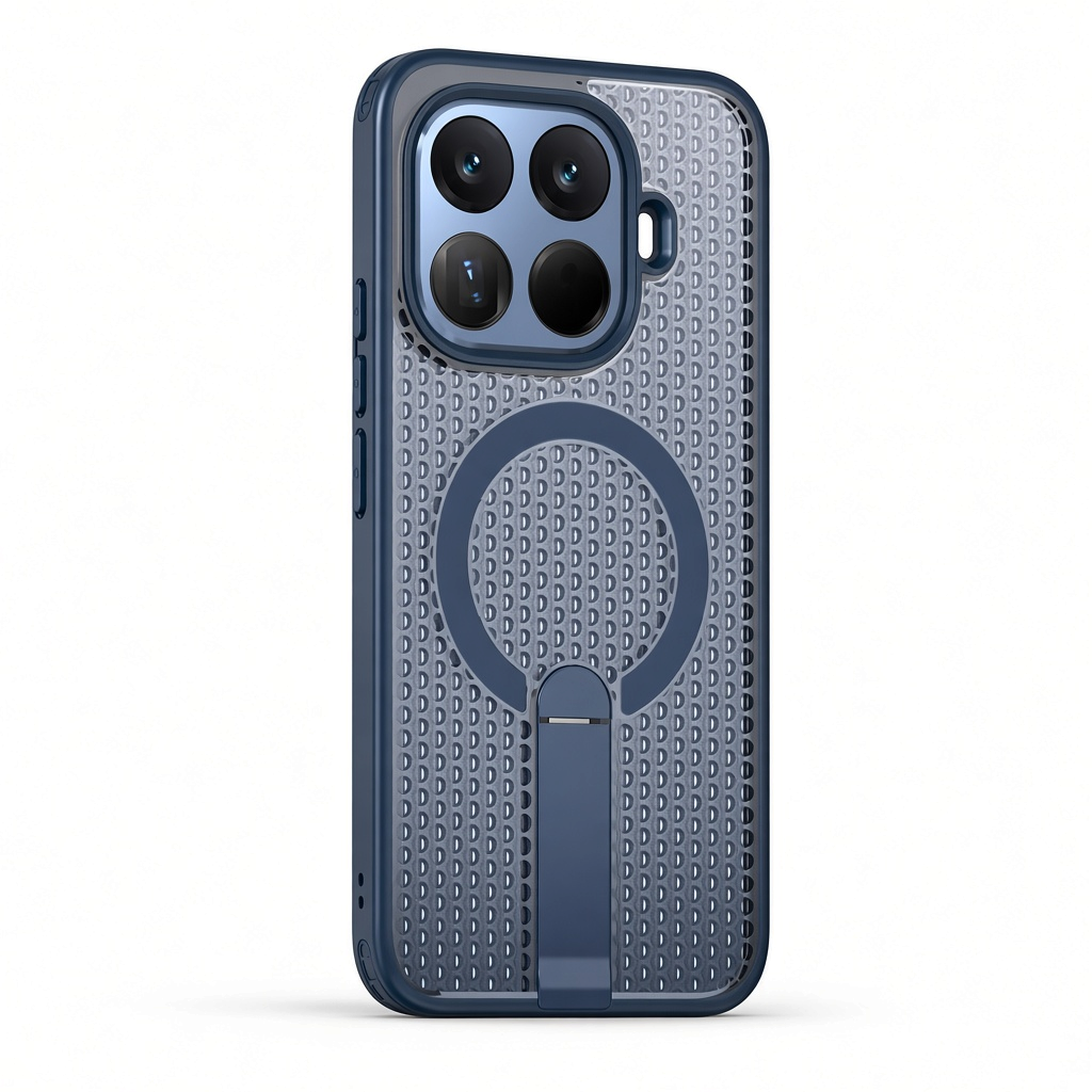 Xiaomi Magnetic Holder Phone Case in dark blue with textured geometric backing, magnetic ring and folding kickstand