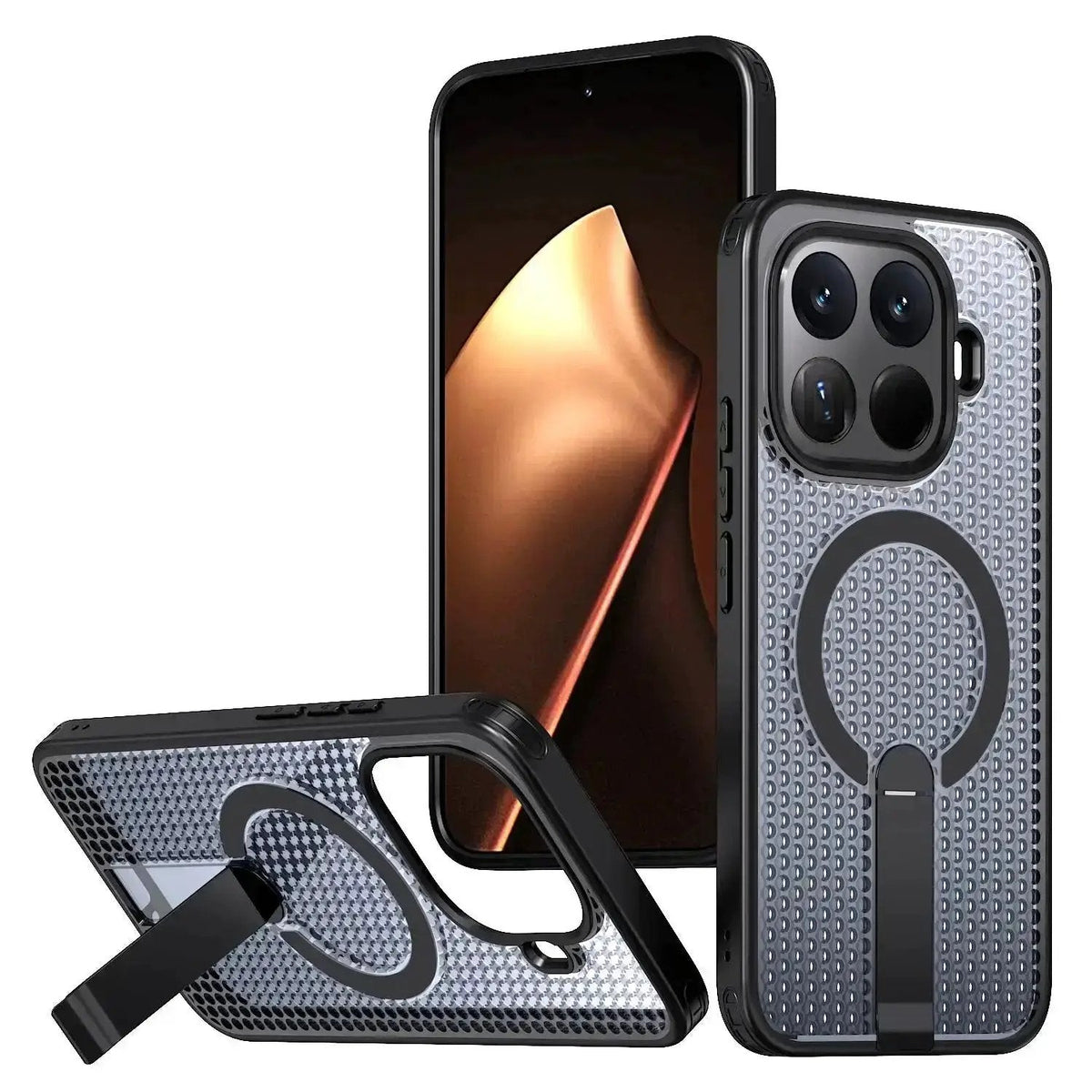 Xiaomi Magnetic Holder Phone Case in grey textured material, with a black magnetic ring and folding kickstand