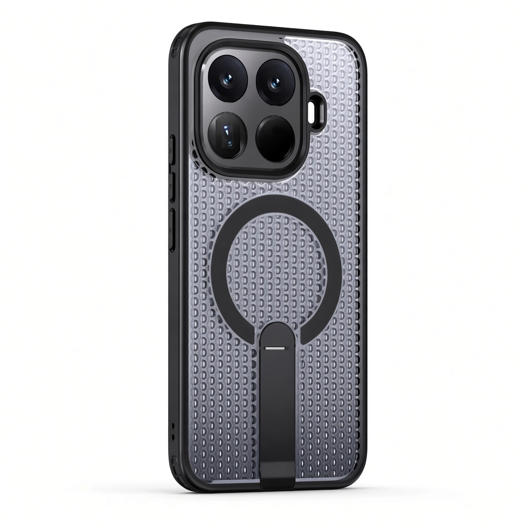 Xiaomi Magnetic Holder Phone Case in grey with a textured patterned back, black magnetic ring and integrated kickstand