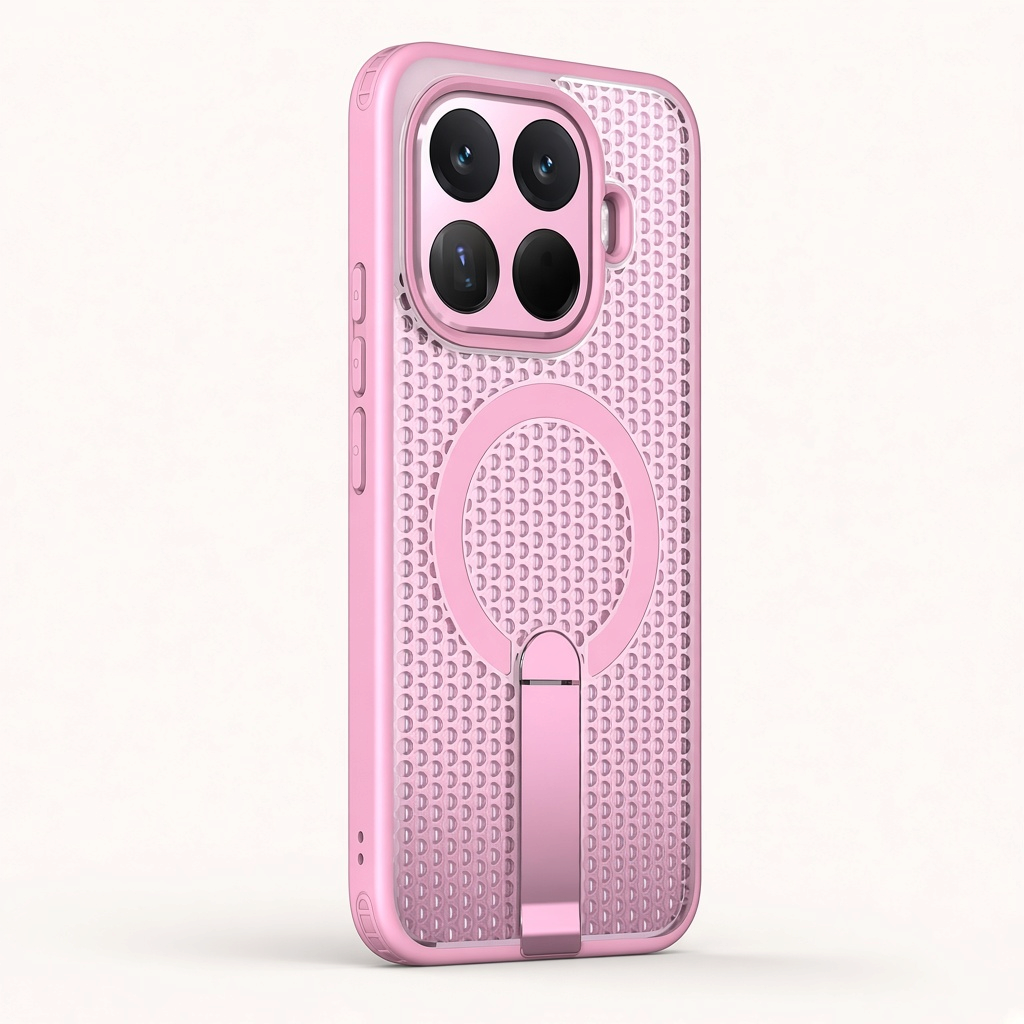 Xiaomi Magnetic Holder Phone Case in pink with a raised textured pattern, magnetic ring and fold-out kickstand