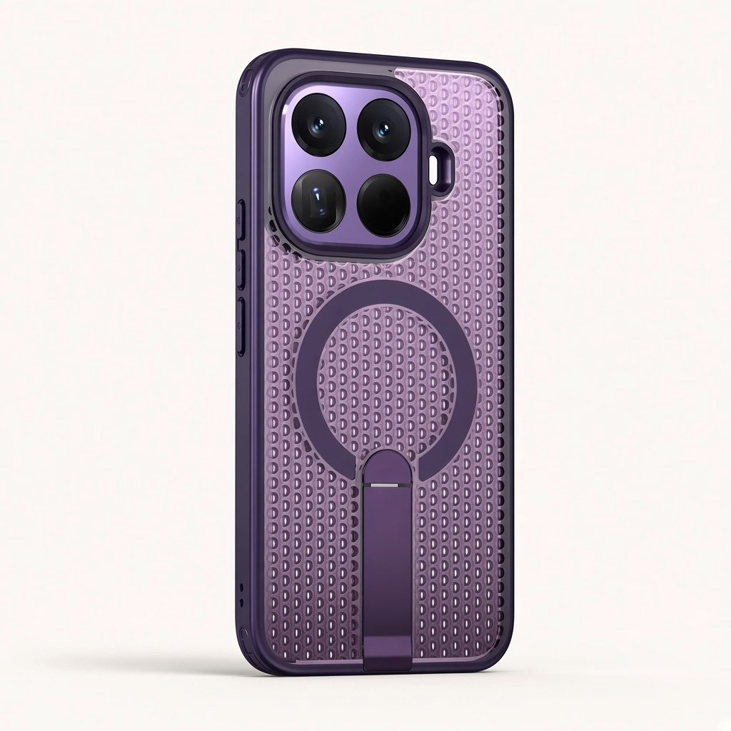 Xiaomi Magnetic Holder Phone Case in purple with a textured patterned back, magnetic ring and integrated folding stand