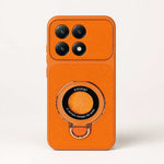 Xiaomi Magnetic Kickstand phone case in bright orange textured leather-look finish with a circular ring stand and four camera cutouts