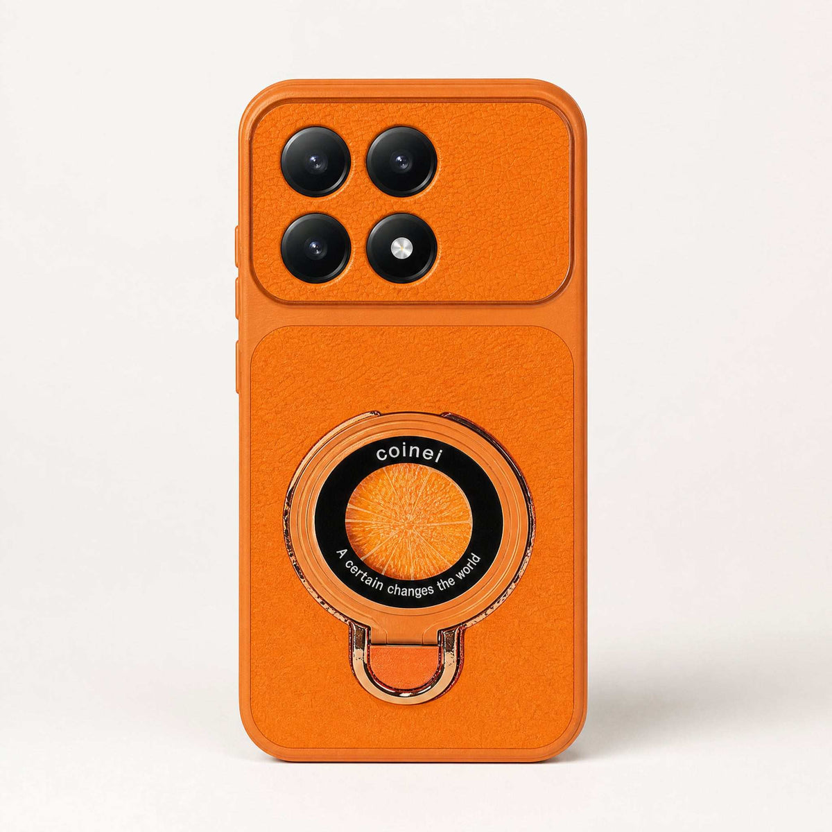 Xiaomi Magnetic Kickstand phone case in bright orange textured leather-look finish with a circular ring stand and four camera cutouts