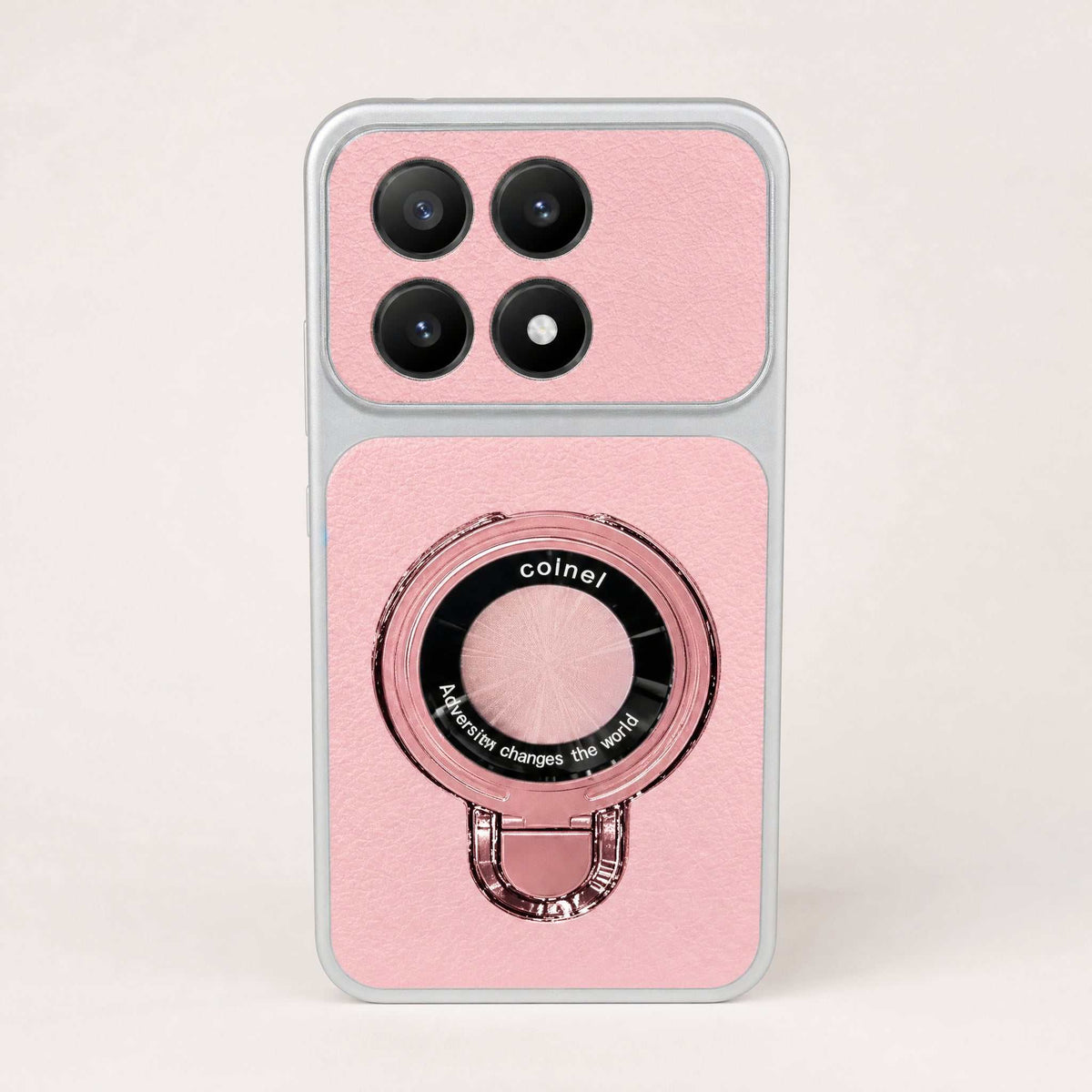 Xiaomi Magnetic Kickstand phone case in pink textured faux leather with silver trim and a circular fold-out ring stand