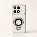 Xiaomi Magnetic Kickstand phone case in white frosted leather-look texture with a silver magnetic ring stand and camera cutouts