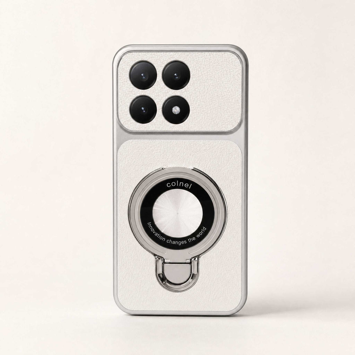 Xiaomi Magnetic Kickstand phone case in white frosted leather-look texture with a silver magnetic ring stand and camera cutouts