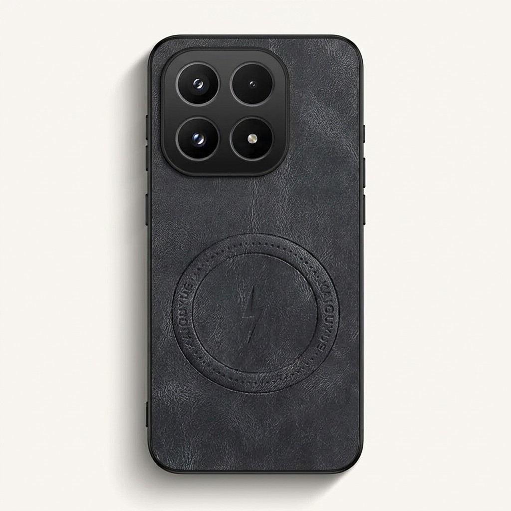 Xiaomi Magnetic Leather Look phone case in black textured leather-like material, with a circular magnetic ring and raised camera edges