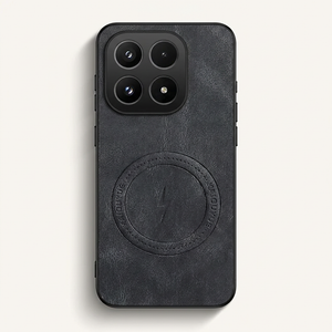 Xiaomi Magnetic Leather Look phone case in black textured leather-like material, with a circular magnetic ring and raised camera edges