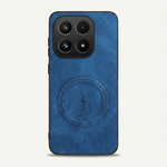Xiaomi Magnetic Leather Look phone case in blue textured leather-like material, with a raised camera surround and circular magnetic ring