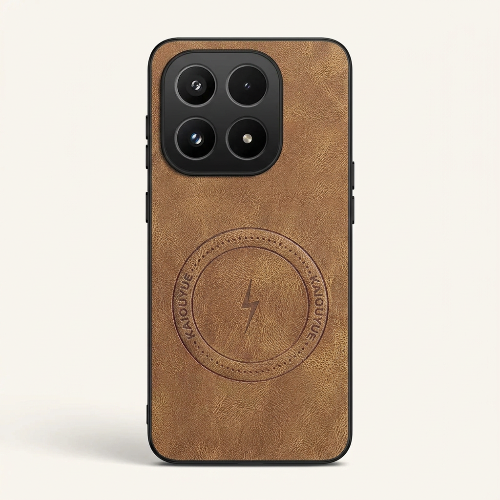 Xiaomi Magnetic Leather Look phone case in brown textured leather-like material, with a circular magnetic ring and raised camera surround