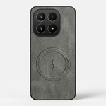 Xiaomi Magnetic Leather Look phone case in charcoal grey with a fine pebbled texture, magnetic ring and raised camera surround