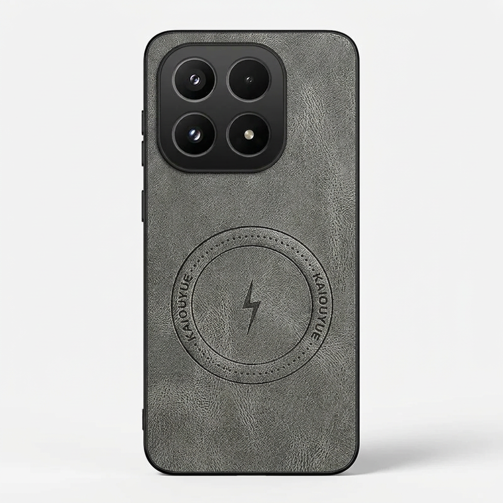 Xiaomi Magnetic Leather Look phone case in charcoal grey with a fine pebbled texture, magnetic ring and raised camera surround