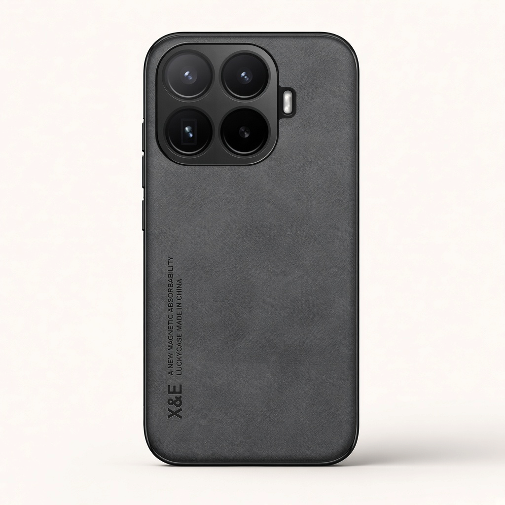 Xiaomi Magnetic Leather Look phone case in dark gray with fine leather-like texture, raised camera rim and bumper edges