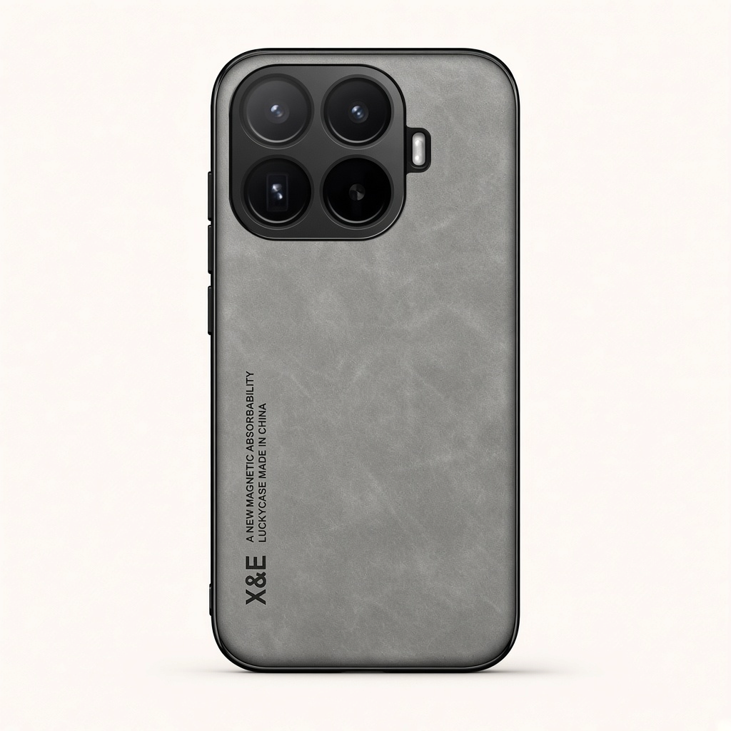 Phone case, Xiaomi Magnetic Leather Look in dark gray with a textured leather-style finish, raised camera surround and bumper edges