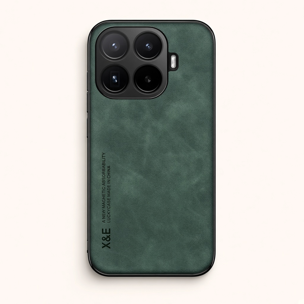 Xiaomi Magnetic Leather Look phone case in dark green textured leather-style material with raised black camera bumper