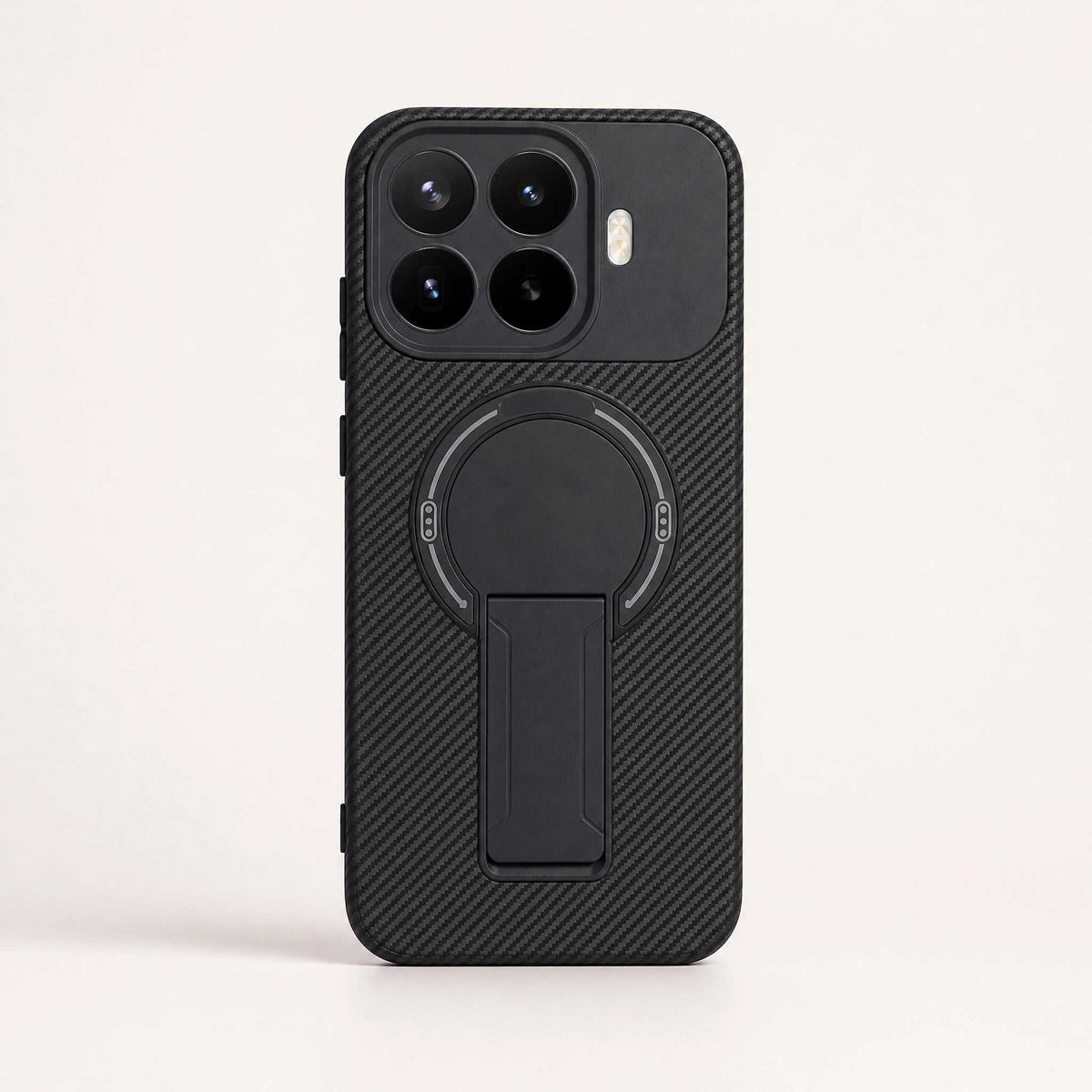 Xiaomi Magnetic Phone Case in black textured material with a circular magnetic ring and built-in rear kickstand
