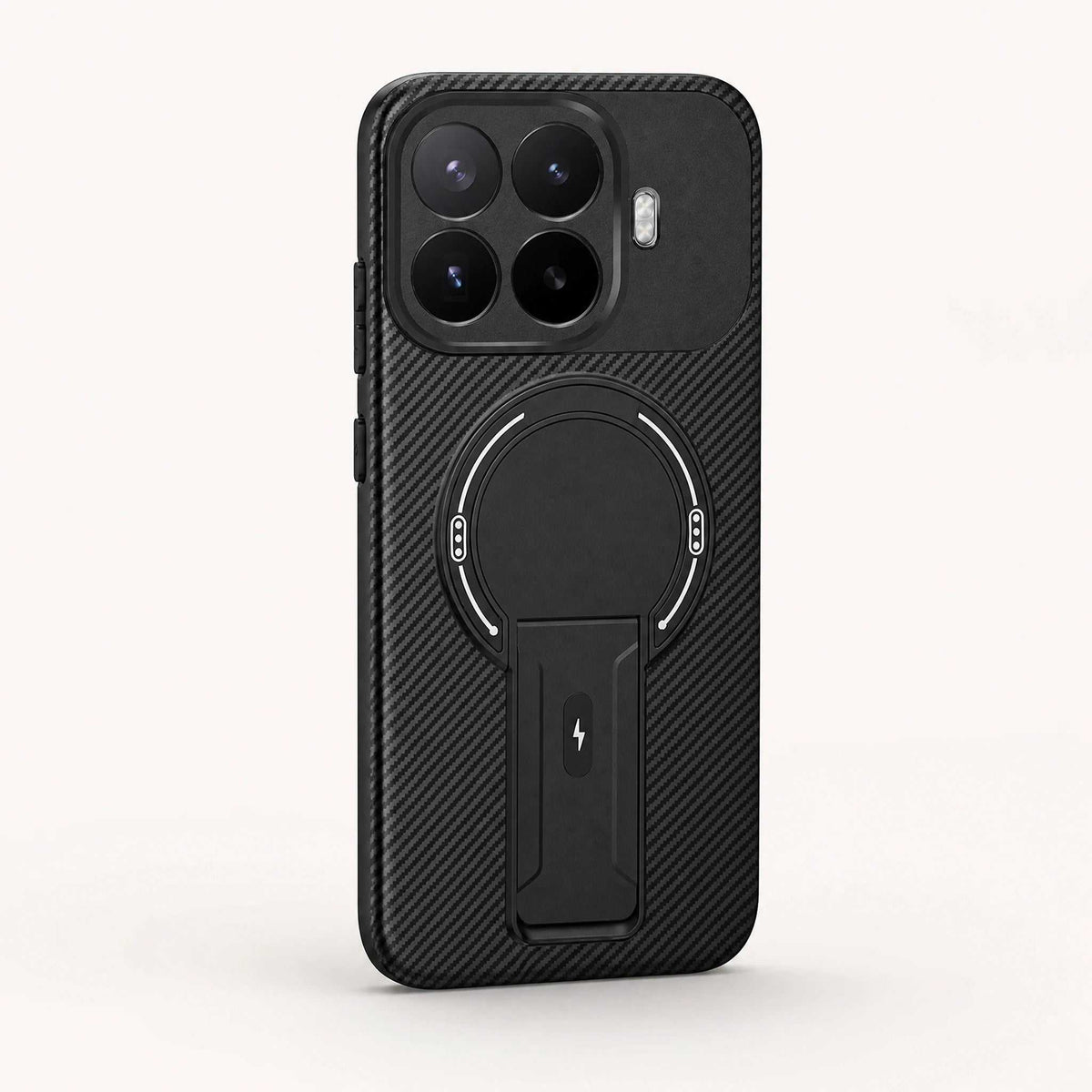 Xiaomi Magnetic Phone Case in black with a diagonal textured finish, circular magnetic ring and built-in kickstand