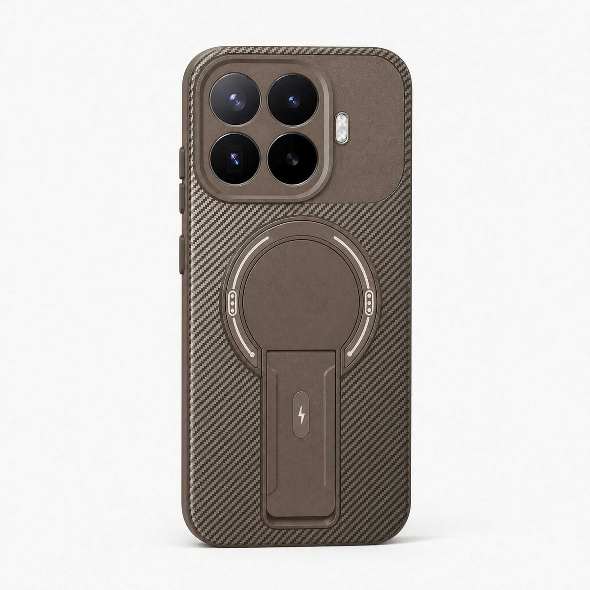 Xiaomi Magnetic Phone Case in brown with a diagonal textured finish, circular magnetic ring and built-in kickstand