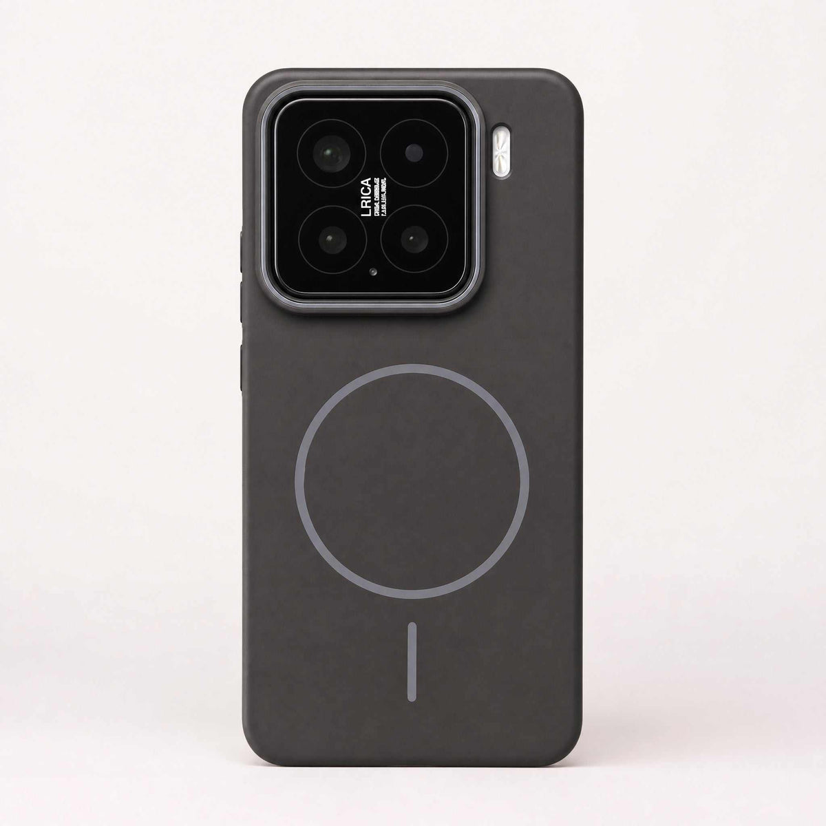 Xiaomi Magnetic Phone Case in charcoal matte finish, with a raised camera rim and circular magnetic ring alignment mark.