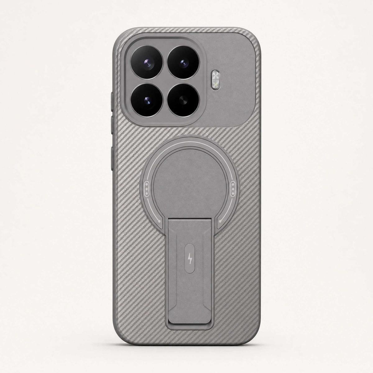 Xiaomi Magnetic Phone Case in grey with diagonal textured grooves, circular magnetic ring and built-in rear kickstand