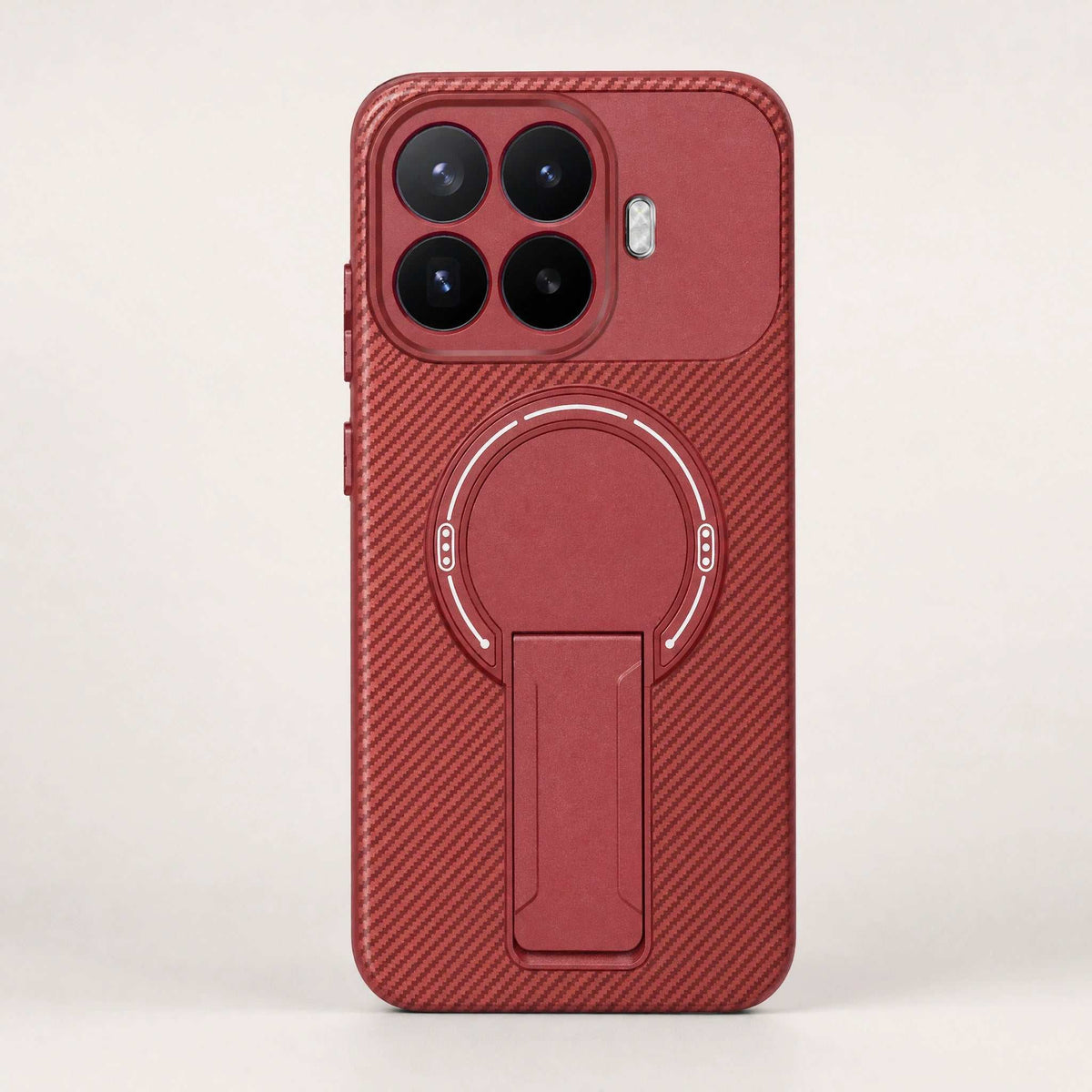 Xiaomi Magnetic Phone Case in red with a textured diagonal groove finish, circular magnetic ring and built-in kickstand
