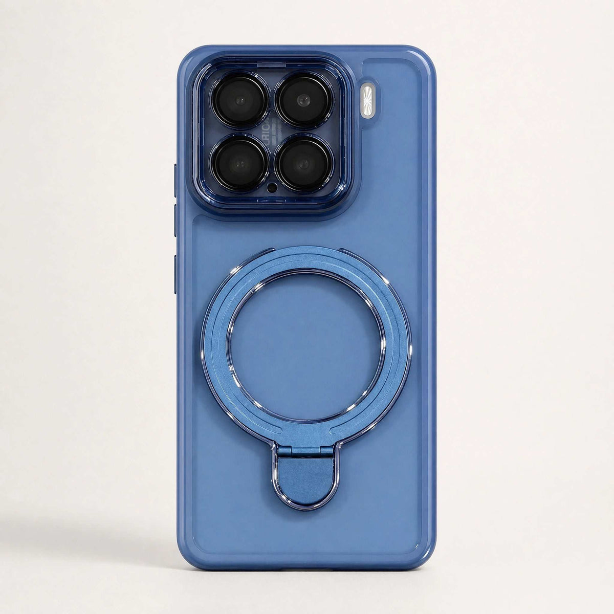Xiaomi Magnetic Pivot Stand case in blue with a translucent back, raised camera surround, and large folding ring stand.