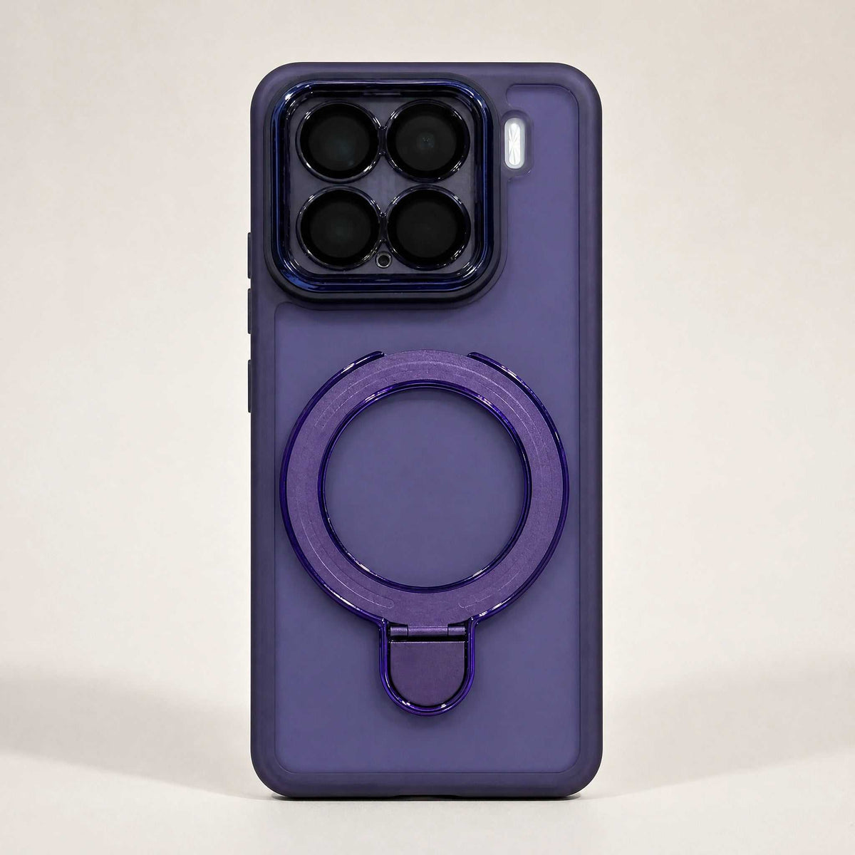 Xiaomi Magnetic Pivot Stand phone case in translucent purple with a raised circular ring stand and protective bumper