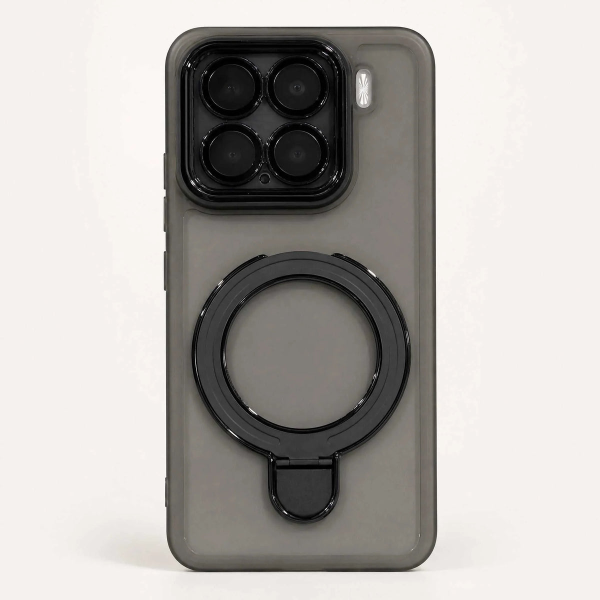 Xiaomi Magnetic Pivot Stand phone case in translucent smoky gray with a black magnetic ring stand and raised camera protection