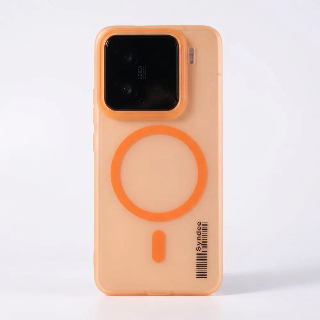 Xiaomi Magnetic Wireless Charging phone case in translucent orange with a matching magnetic ring and raised camera bumper