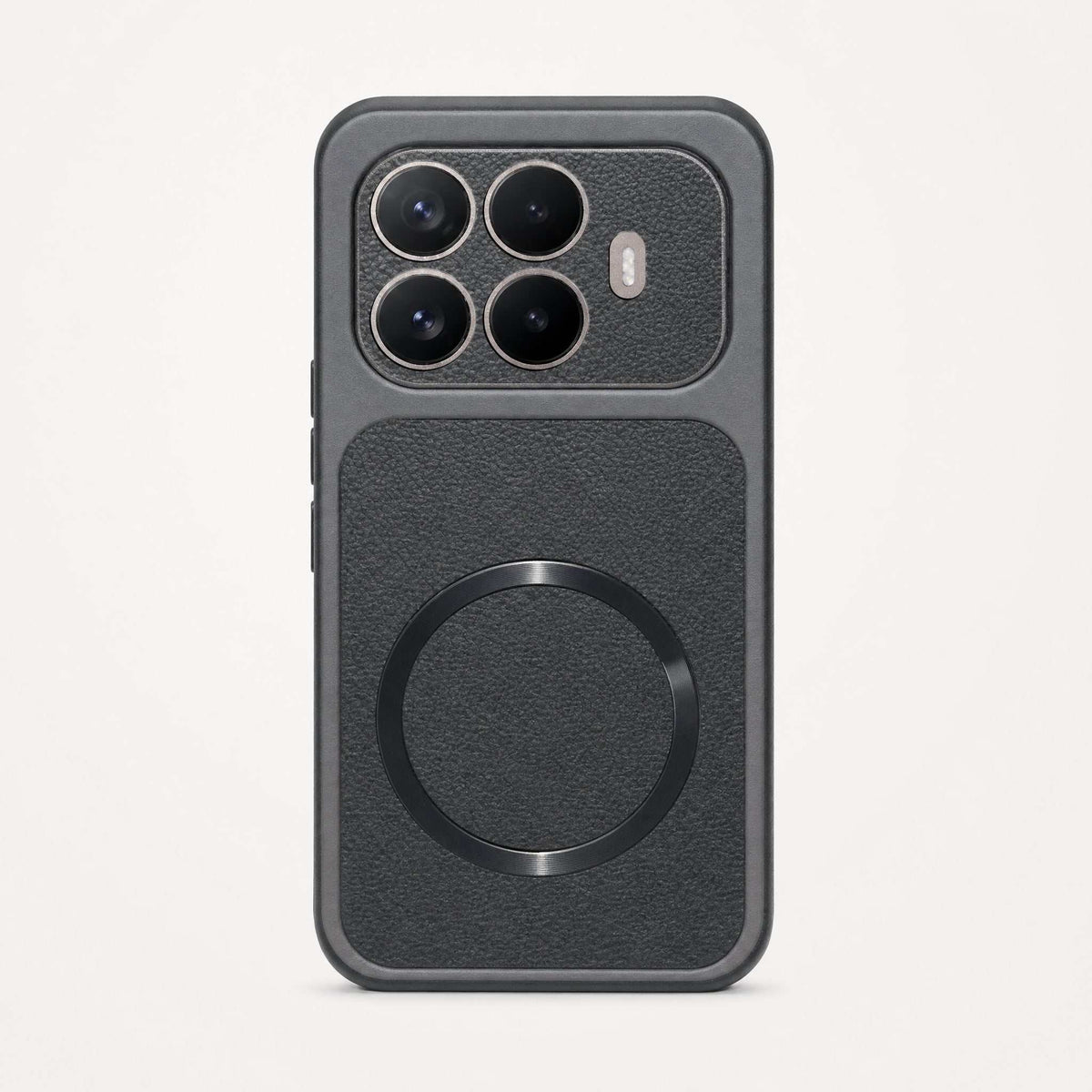 Xiaomi MagSafe Leather Look phone case in black textured leather-look material with a matte finish and circular magnetic ring