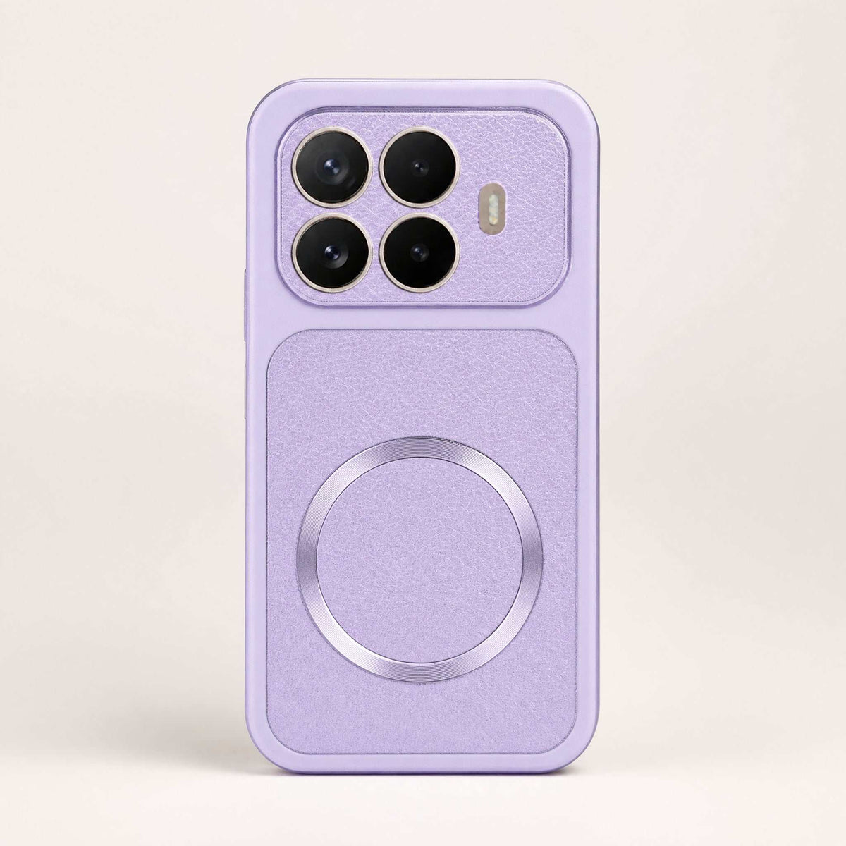Xiaomi MagSafe Leather Look phone case in light lavender with a fine textured finish, raised camera surrounds and magnetic ring