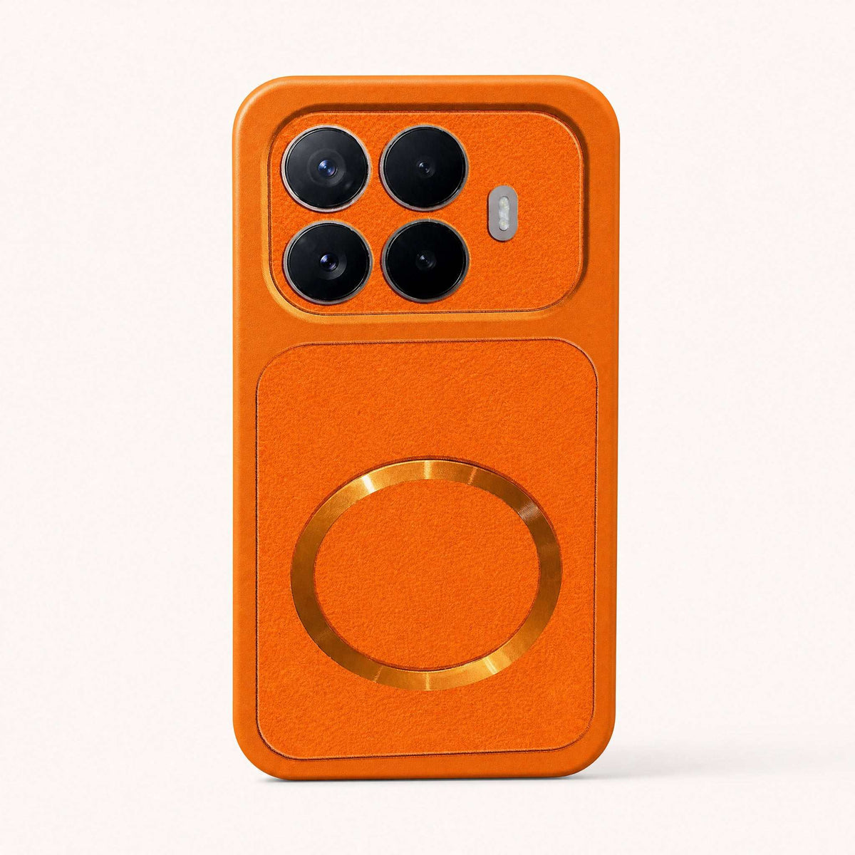 Xiaomi MagSafe Leather Look phone case in bright orange textured leather-style finish with a matching magnetic ring