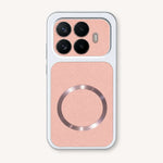 Phone case in Xiaomi MagSafe Leather Look with pink textured panels, silver edging and a matching magnetic ring