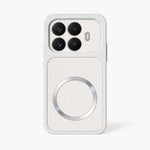 Phone case in Xiaomi MagSafe Leather Look style, white textured leather-look surface with silver MagSafe ring and raised camera edges