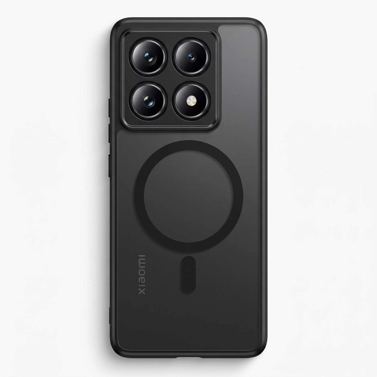 Xiaomi MagSafe Phone Case in matte black with a smooth finish, raised square camera protection and circular magnetic ring