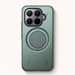 Xiaomi MagSafe Ring Stand case in muted sage green with a textured circular ring and raised four-lens camera guard