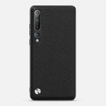 Xiaomi Mi 10 Luxury case in black with a textured leather-look finish, vertical camera cutouts and a silver accent