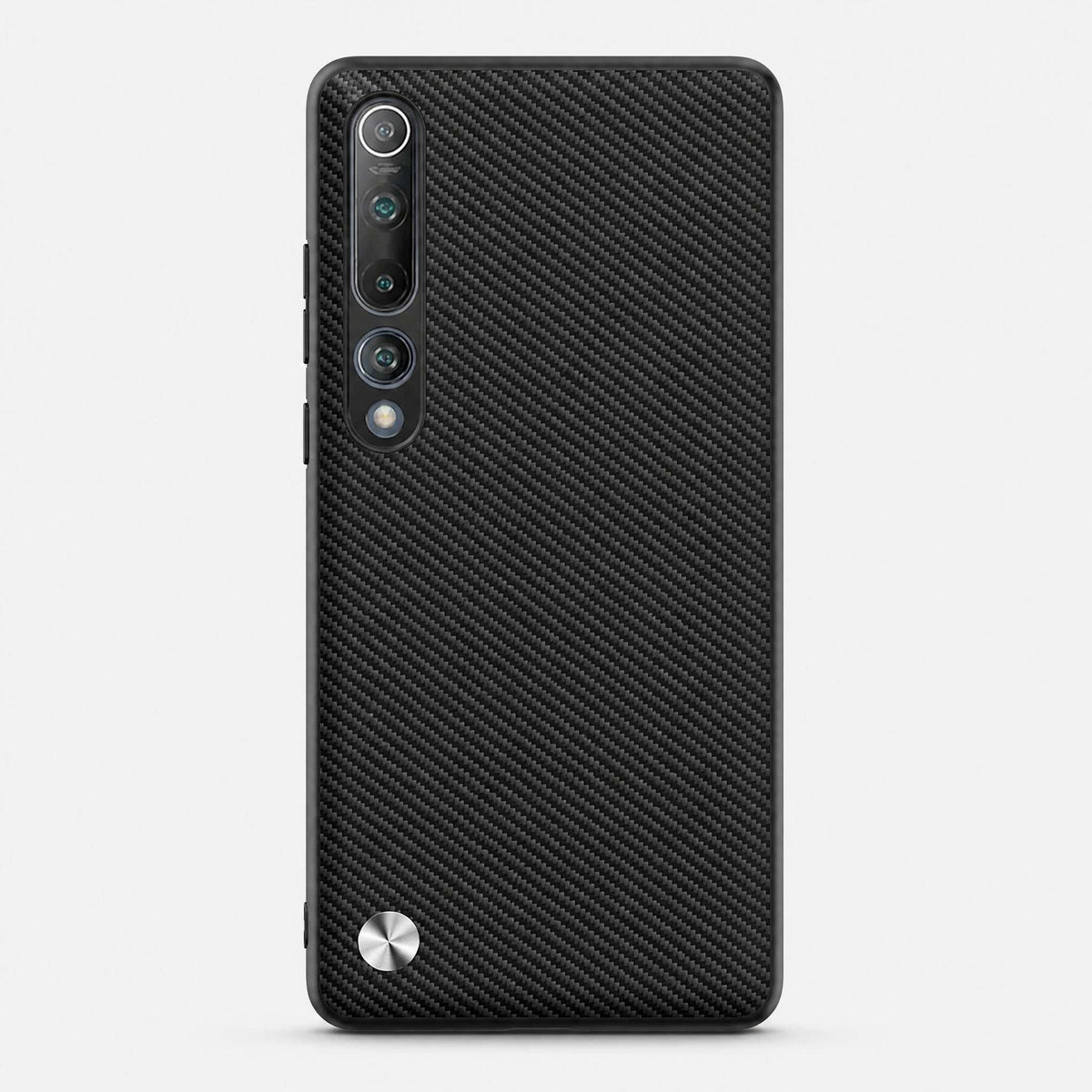 Xiaomi Mi 10 Luxury case in black with a textured leather-look finish, vertical camera cutouts and a silver accent